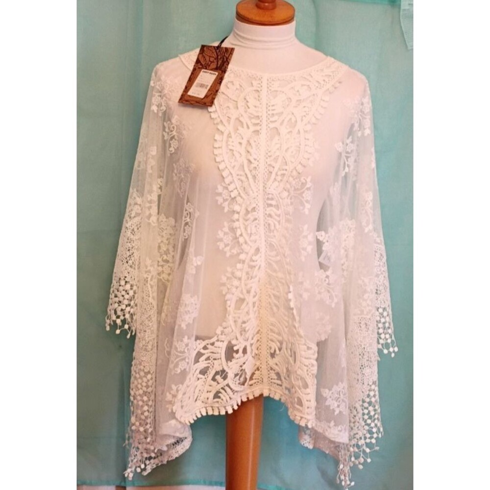 Cottage Core Sheer Lace Poncho Top Floral Embroidery Ethyl White NEW Size XL